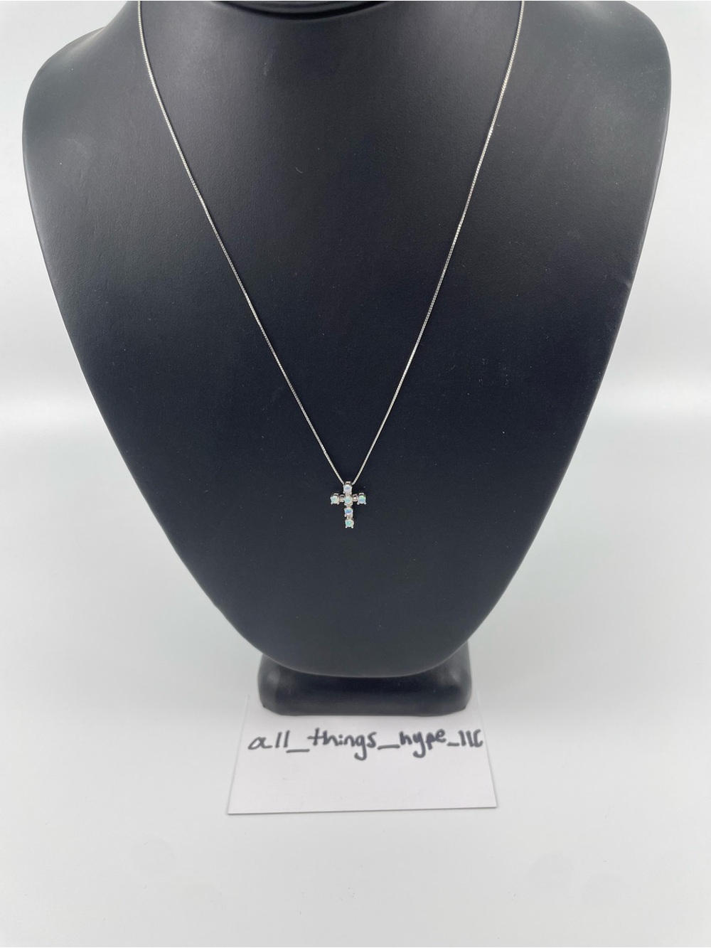 10K White Gold Opal & Sapphire Cross Pendant Necklace 18” Chain Natural Gemstone